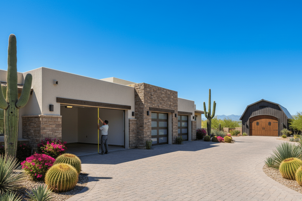 Integrity West Overhead Door estimator measuring an empty garage opening on a luxury home in Gilbert, Arizona.