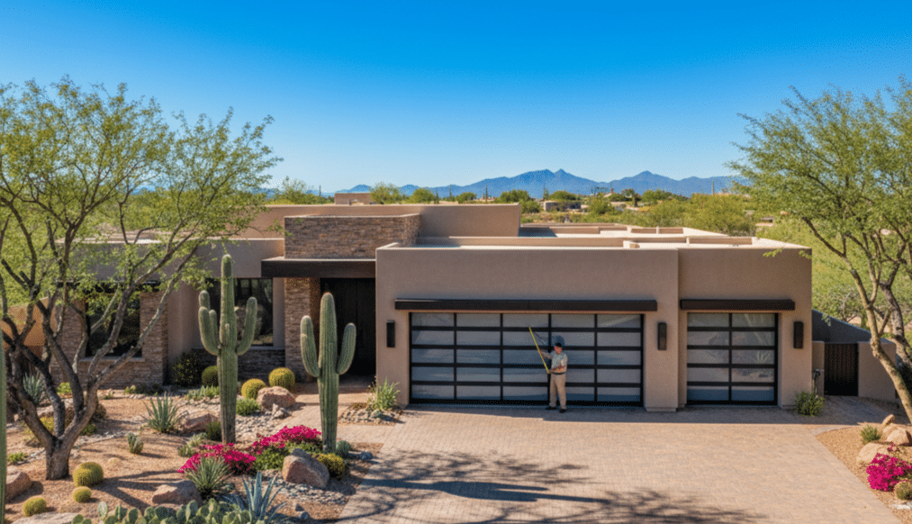 A new wood-look Clopay garage door installed by Integrity West on a luxury Phoenix estate.