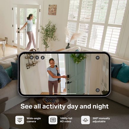 Smartphone screen showing 130 degree wide angle view of home entryway via myQ camera