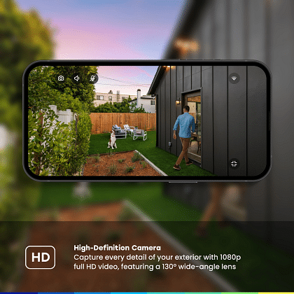 Smartphone showing live 1080p video feed of backyard from myQ outdoor camera