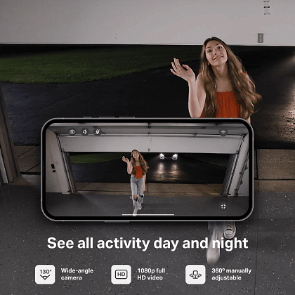 Comparison of myQ smart garage camera video quality showing clear day and night vision modes