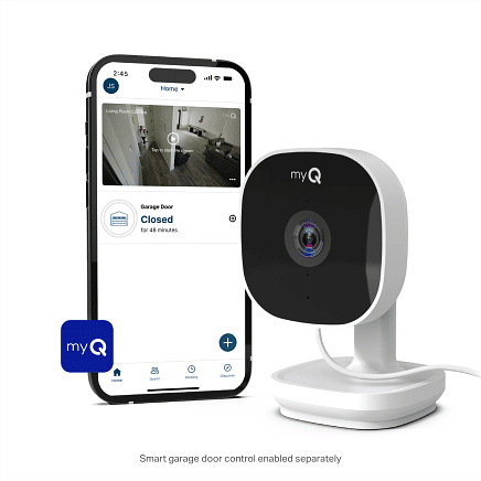 myQ Smart Indoor Camera next to smartphone displaying live living room video feed