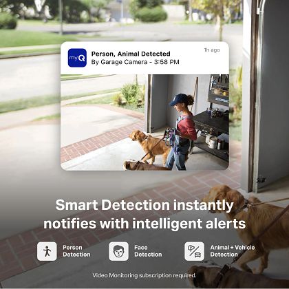 myQ app notification showing person and animal detection alert from smart garage camera
