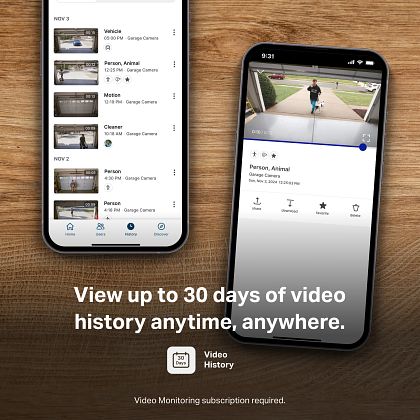 myQ mobile app interface showing 30 day video storage history and playback features